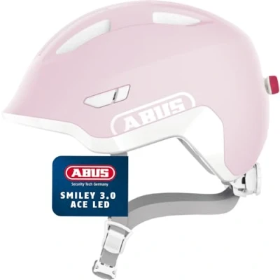 Obrázek ABUS Dětská helma Smiley 3.0 ACE LED cyklistická přilba se světlem hluboký střih &amp; místo pro cop dívky a chlapce Pure Rose, velikost M