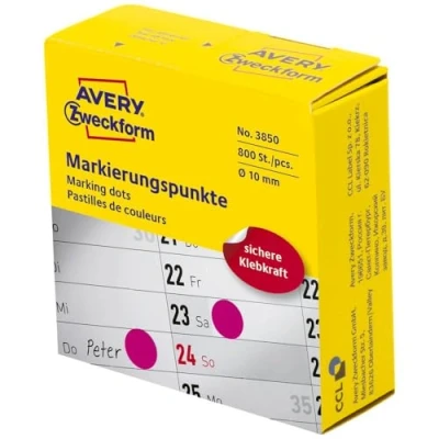 Obrázek AVERY Zweckform 3850 samolepicích značkovacích bodů 800 kusů (Ø10 mm, lepicí body na roli v dávkovači, puntíkové nálepky pro barevné kódování, kulaté kalendář, plánovač a kutilství) růžové