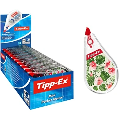 Obrázek Tipp Ex Korekční mini kapesní myš, 6 m x 5 mm, balení po 10 kusech, potištěný design, ideální do kanceláře, domácí kanceláře nebo školy