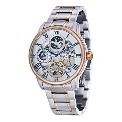 Obrázek Thomas Earnshaw Pánské náramkové hodinky, délka 44 mm, duální čas, automatické skeletové hodinky s náramkem z ušlechtilé oceli, 12hodinový zobrazení slunce a měsíce zdobený rotor,