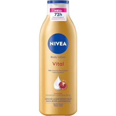 Obrázek NIVEA Body Lotion Vital, výživný tělový krém pro zralou pokožku s granátovým jablkem, makadamovým olejem a hloubkovou péčí sérum, pleťový intenzivní vlhkost 72 h (250 ml)