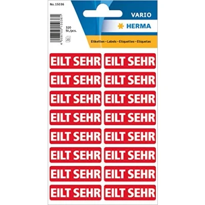Obrázek HERMA 15036 informační štítky s potiskem &quot;EILT SEHR&quot; (40 x 12 mm, 20 listů, papír, matný) samolepicí, permanentně přilnavé textové štítky, 320 etiket, červené