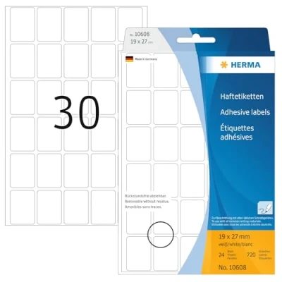 Obrázek HERMA 10608 víceúčelové etikety odstranitelné, 720 kusů, 19 x 27 mm, 30 na arch, samolepicí, štítky pro domácnost k popisování, matné, prázdné papírové lepicí etikety, bílé