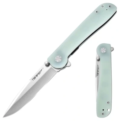 Obrázek TONIFE Guidingstar zavírací nůž s klipem na kapsu, protiskluzový jednoruční EDC, čepel 8Cr14MoV a rukojeť G10 pro outdoorové kempinkové nože (průhledný azurová + satén)