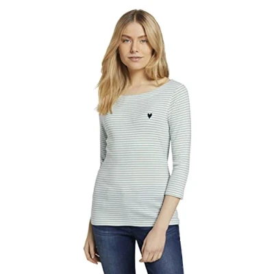 Obrázek TOM TAILOR Dámské triko s dlouhým rukávem výšivkou ve tvaru srdce na hrudi, 26035 White Green Small Stripe