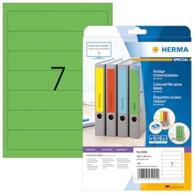 Obrázek HERMA 5094 hřbety pořadačů etikety krátké, úzké, 20 listů, 192 x 38 mm, 7 na arch A4, 140 kusů, samolepicí, potiskovatelné, neprůhledné, prázdné papírové štítky pořadače samolepicí nálepky, zelené