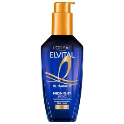 Obrázek L&#039;Oréal Paris Pečující sérum pro měkké a lesklé vlasy, dlouhodobě působí proti kudrnatosti, nezanechává žádné zbytky, s olejem z květů kamélie, Elvital Oil Magique Midnight Serum, 1 x 100 ml