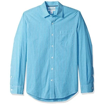 Obrázek Amazon Essentials Herren Langärmeliges Hemd aus Popeline, Schmale Passform, Aquablau Vichy Muster, L
