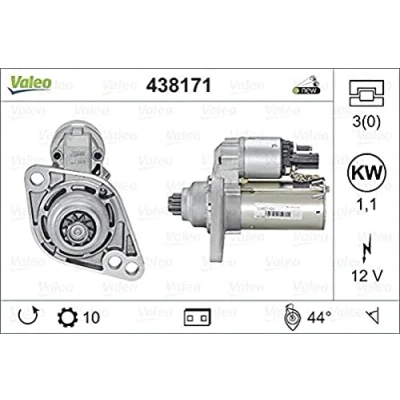 Obrázek VALEO 438171 startér jmenovitý výkon: 1,1 kW Stop &amp; start: NO počet zubů: 10 zubů napětí: 12 V směr otáčení: ANTI CLOCKWISE