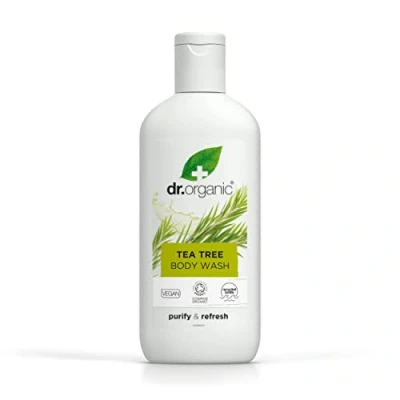 Obrázek Dr Organic Tea Tree mycí gel na tělo, sprchový gel, přírodní, veganský, bez pokusů zvířatech, parabenů a SLS, recyklovatelný recyklovaný z plastu vázaného v moři, certifikovaný, organický,