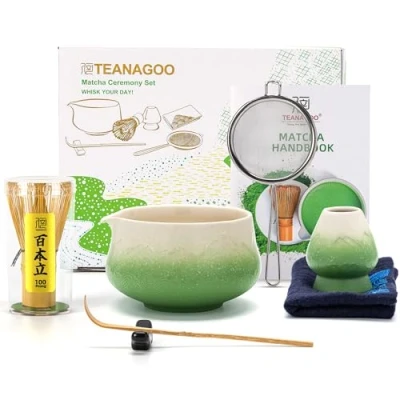 Obrázek TEANAGOO 7 kusů sada matcha, koště zelená miska matcha s výlevkou, čaje pro přípravu kávy na mléko, metliček a mísa lžící sítkem