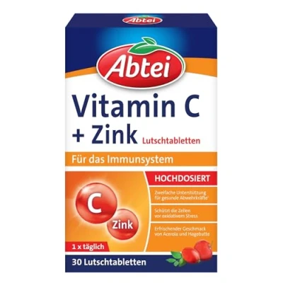 Obrázek Abtei Vitamin C + zinek cenný vitamínový přípravek pro sání na podporu obrany a ochrany buněk bez lepku, veganský 1 x 30 pastilek