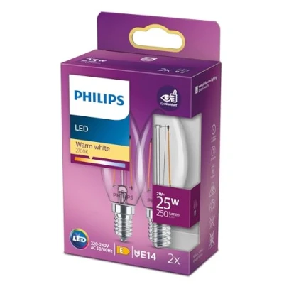 Obrázek Philips LED Classic E14 žárovka, 25 W, tvar svíčky, čirá, teplá bílá, dvojité balení