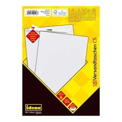 Obrázek Idena 10226 Přepravní tašky DIN C5, 10 ks lepicí, obálky bez okénka, z 90 g/m² FSC Mix papír v bílé barvě