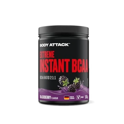 Obrázek Body Attack Extreme Instant BCAA 500 g Blackberry Made in Germany dobře rozpustný, veganský prášek v poměru 2:1: 1 bez cukru pro intenzivní trénink s L leucinem