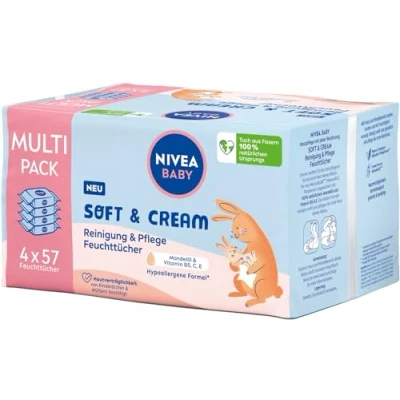 Obrázek NIVEA Vlhké ubrousky BABY Soft &amp; Cream pro jemné čištění citlivé dětské pokožky, hypoalergenní vlhčené miminka s mandlovým olejem a vitamíny (4 x 57 kusů)