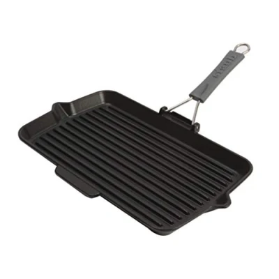 Obrázek STAUB Litinová grilovací pánev se silikonovou rukojetí, vhodná pro indukci, obdélníková, 34 x 21 cm, černá