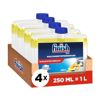 Obrázek Finish Hloubkový čistič strojů Citrus tekutý proti vodnímu kameni a mastnotě pro čistou myčku úsporné balení 4 x 250 ml péče o stroj s citrónovou vůní