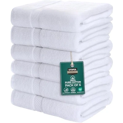 Obrázek Utopia Towels Balení 6 ks středně velkých osušek ze 100% bavlny s poutky k zavěšení, 60 x 120 cm osušky, měkké a savé ručníky (bílé)