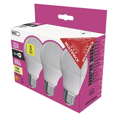 Obrázek EMOS LED žárovka balení 3 ks / A60 A+ 9 W/nahrazuje 60W žárovku patice E27 světelný výkon 806 lumenů/teplá bílá 2700 kelvinů životnost 30 000 hodin, sklo, transparentní, 15,2 x 6 11,2 cm