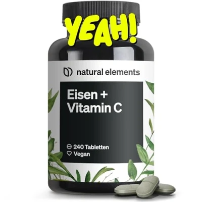 Obrázek Železo se 40 mg přírodního vitamínu C 240 veganských železných tablet z Acerola dobře snášený chelátový komplex (bisglycinát železitý) vysoce dávkované, bez zbytečných přísad