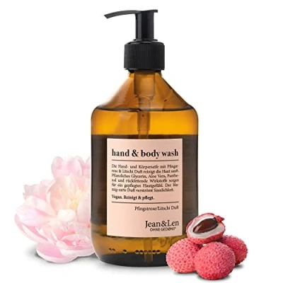 Obrázek Jean &amp; Len Hand Body Wash Pivoňka liči, čistí a pečuje o pokožku při mytí, květinová vůně, sprchový gel mýdlo, bez parabenů, silikonů mikroplastů, veganská, skleněná láhev 500 ml