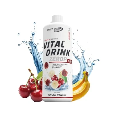 Obrázek Best Body Nutrition Vital Drink ZEROP ® třešňový banánový sirup bez cukru 1 l 1:80 vydává 80 litrů hotového nápoje nápojový koncentrát s ovocnou šťávou chuť pro vodu vitamíny