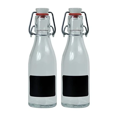 Obrázek Viva Haushaltswaren 2 x malá skleněná láhev 200 ml prázdná s třmenovým uzávěrem z porcelánu k naplnění, použitelná jako průhledná na šťávu a olej (vč. popisovacích etiket)
