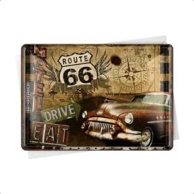 Obrázek Nostalgic Art Retro plechová pohlednice, 10 x 14 cm, Route 66 Road Trip nápad na dárek pro fanoušky USA, pohlednice z kovu, mini tabulka jako přání