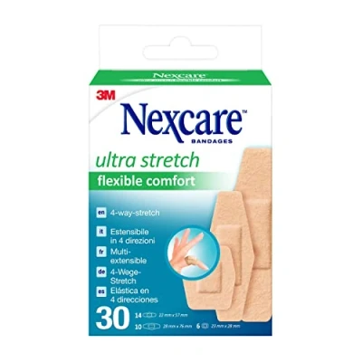 Obrázek Nexcare Ultra strech flexibilní komfortní pěnová náplast, různé velikosti, 30 náplastí v balení, prodyšné a voděodolné náplasti pro menší rány škrábance, náplast na lékárničky