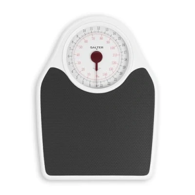 Obrázek Salter 145 BKDR mechanická koupelnová váha 150 kg analogová lékařská váha, snadno čitelná velká obrazovka, protiskluzová vinylová rohož platforma, bez baterií, přesné vážení kg/st/lbs, nadčasový