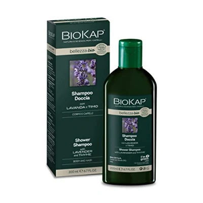 Obrázek BIOKAP Šampon bio BELLEZZA 2 v 1 &amp; Shower Gel 200 ml s tymiánem levandulí rýžové proteiny pšeničné voda z chrpových květů veganská bez silikonů parabenů