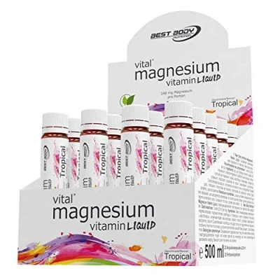 Obrázek Best Body Nutrition ampule hořčíkové tekutiny 20 x 25 ml vysoce koncentrovaný hořčíkový výstřel s vitamíny 248 mg/porce osvěžující ovocné na pití tekutý hořčík pro sport a outdoorové