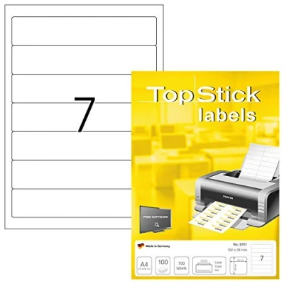 Obrázek TopStick 8721 Etikety na hřbety pořadačů úzké, krátké, 100 listů, 192 x 38 mm, 7 arch A4, 700 kusů, samolepicí, potiskovatelné, neprůhledné, prázdné papírové štítky pořadače samolepicí nálepky,