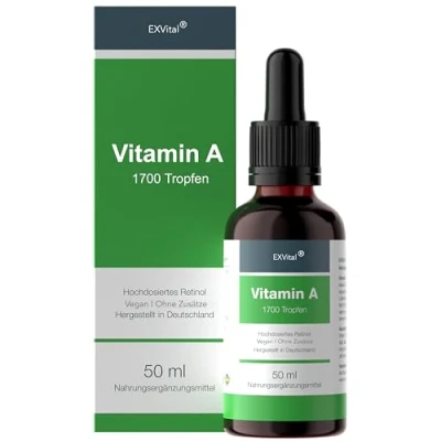 Obrázek Kapky vitaminu A od EXVital 5000 I.E (1500 µg) v denní dávce, 50 ml = 1700 kapek, laboratorně testováno, vysoce koncentrovaný retinol veganský tekutý vitamin