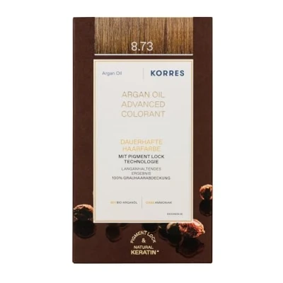 Obrázek KORRES Argan Oil Colorant barva na vlasy bez amoniaku Golden Caramel 8. 73 100% zakrytí šedých vlasů a veganská pro dlouhotrvající barevný výsledek