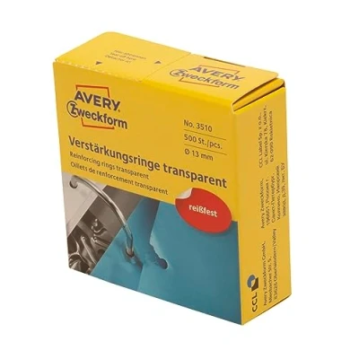 Obrázek AVERY Zweckform 3510 zesilovač otvorů samolepicí 500 kusů (Ø13 mm, výztužné kroužky na roli, permanentně přilnavý kroužkový zesilovač, kruhového otvoru pro založení, fólie odolná proti roztržení) transparentní