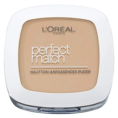 Obrázek L&#039;Oréal Paris Práškový make up, matující kompaktní pudr s LSF 8, vč. zrcadla a houbičky, prášek Perfect Match, č. 5.D/5.W Dor/teplý, 9 g (balení 1 ks)