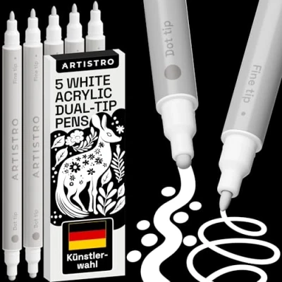 Obrázek ARTISTRO 5 bílých akrylových tužek, sada umění, akrylové zvýrazňovače barev s dvojitým hrotem (jemný 1 mm + bod mm), na kreslení, zvýrazňovač textil, plátno, kámen, sklo, dřevo, papír,