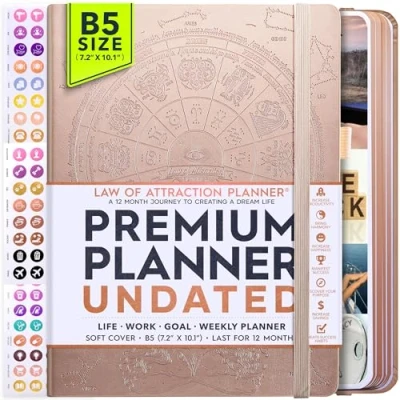 Obrázek Life Planner nedatovaný luxusní týdenní a měsíční plánovač, 12měsíční cesta ke zvýšení produktivity štěstí, organizátor života, deník vděčnosti, Law of Attraction