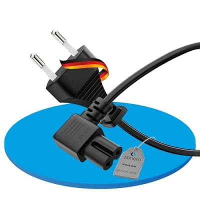 Obrázek sonero Napájecí Kabel síťový 2 póly, 1. 50 m, Euro zástrčka typu C síťová na zdířku IEC C7 8 zástrčka, 90 úhel zdroj proud pro TV, PS5, PS4, PS3, domácí spotřebiče,