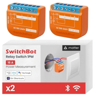 Obrázek SwitchBot Matný spínač relé 1PM, Wi Fi kompatibilní s Alexa/Apple Home/Google Home, modul měření výkonu integrovaným Bluetooth opakovačem, Bluetooth&amp;WiFi 2,4 GHz,16 A, 2 ks