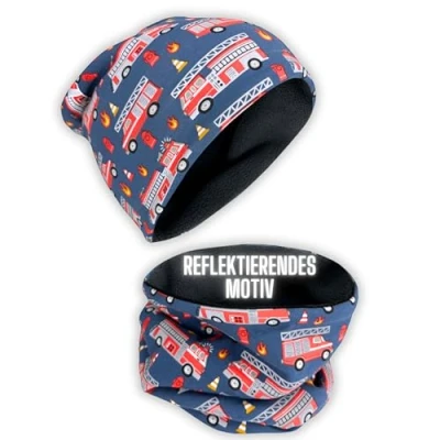 Obrázek HECKBO 360 reflexní dětská čepice &amp; Loop šála sada 95 % bavlna měkký a snadno udržovatelný strečový materiál Beanie jaro podzim zima, Požární ochrana
