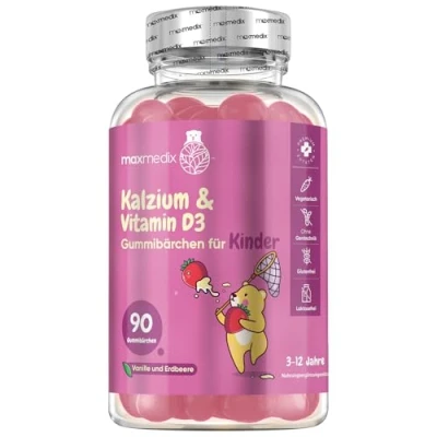 Obrázek Vápník a vitamín D3 gumoví medvídci Pro děti 90 vegetariánských pryží 320 mg vápníku 800 IE imunitní systém, metabolismus kosti (EFSA) příchuť jahod vanilky maxmedix