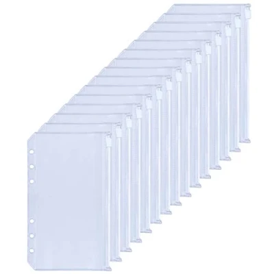 Obrázek HAUTOCO 15 Stück A6 Binder Taschen, PVC 6 Loch Bindetaschen Wasserdicht Dokumententasche Transparent Umschläge mit Reißverschluss für Ordner, Ringbuch, Budget Planner Zubehör, Umschlagmethod