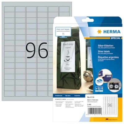 Obrázek HERMA 4110 fóliové etikety odolné proti povětrnostním vlivům, stříbrné, 25 listů, 30,5 x 16,9 mm, 96 na arch A4, 2400 kusů, samolepicí, potisknutelné, lesklé, prázdné samolepicí nálepky z