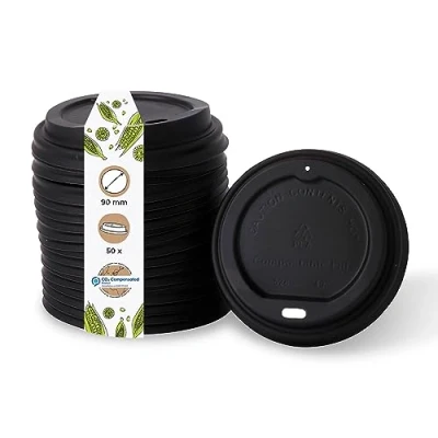 Obrázek BIOZOYG Coffee To Go Víko pro pohárky na pití Ø 90 mm I 50 víček papírové kelímky z bioplastu CPLA bioplasty 100% biologicky odbouratelné, kompostovatelné, recyklovatelné Otvor