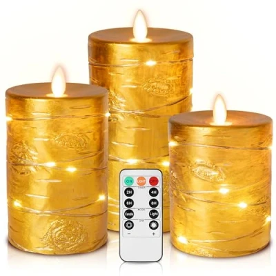 Obrázek Da by Zlaté LED svíčky, svíčka na baterie se zabudovaným světelným řetězem, 3dílná bez plamene s dálkovým ovládáním 11 tlačítek, funkce časovače 24 hodin, tančící plamen, pravý vosk
