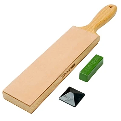 Obrázek SHARPAL 205H Oboustranný kožený roztírací řemen (330 x 60 mm) sada s 53g lešticí pastou a úhlovým vedením, blokem na broušení honování nožů
