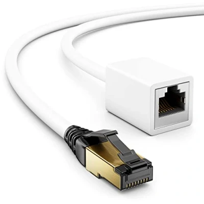 Obrázek deleyCON 5 m CAT8.1 RJ45 prodlužovací propojovací kabel síťový 40 GBit/s 2000 MHz S/FTP měď PiMF 1x konektor zdířka pro ethernet LAN Gaming Streaming bílý